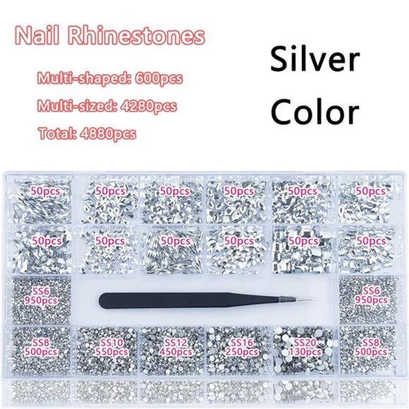 4880 Pcs Silver Color Nail Rhinestones Kit, Nail Art Rhinestones Crystals - Picture 2 of 6